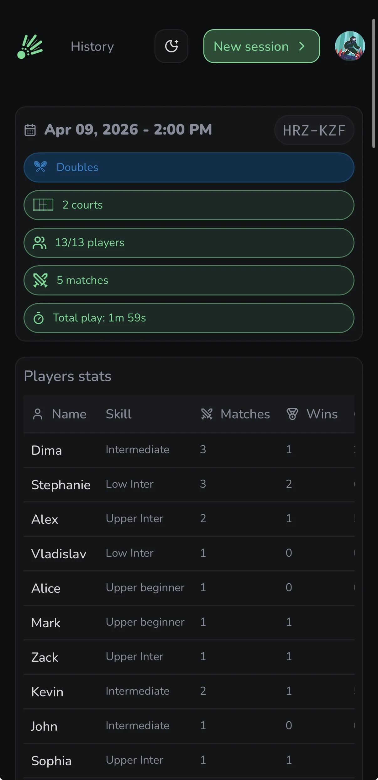 Shuttl mobile history players stats